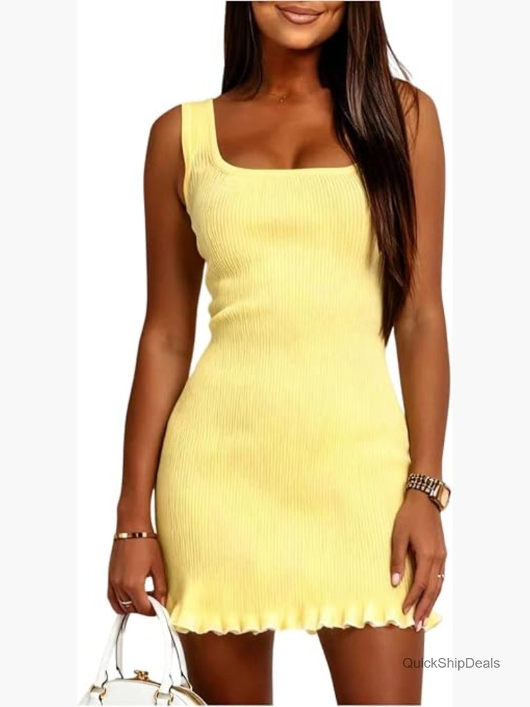 Ribbed Knit Bodycon Mini Dress Square Neck Sleeveless Ruffle Hem Tank Dress